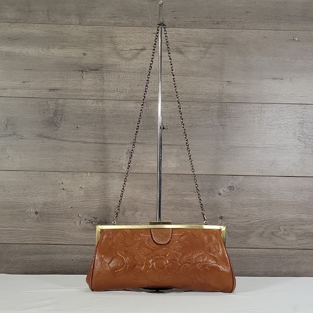 Patricia Nash Tooled Brown Leather Clutch with Chain Strap